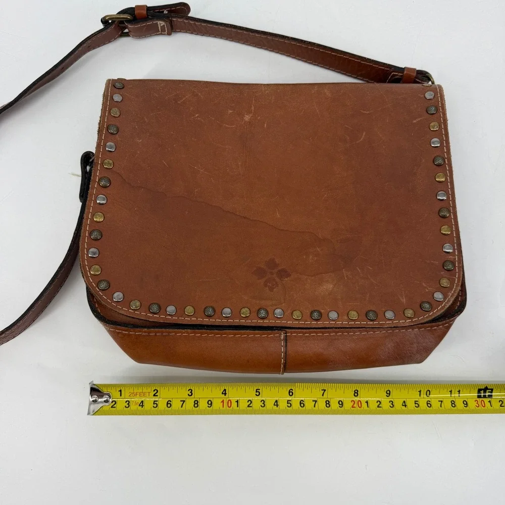 Patricia Nash Brown Italian Leather Studded Flap Crossbody Messenger Bag